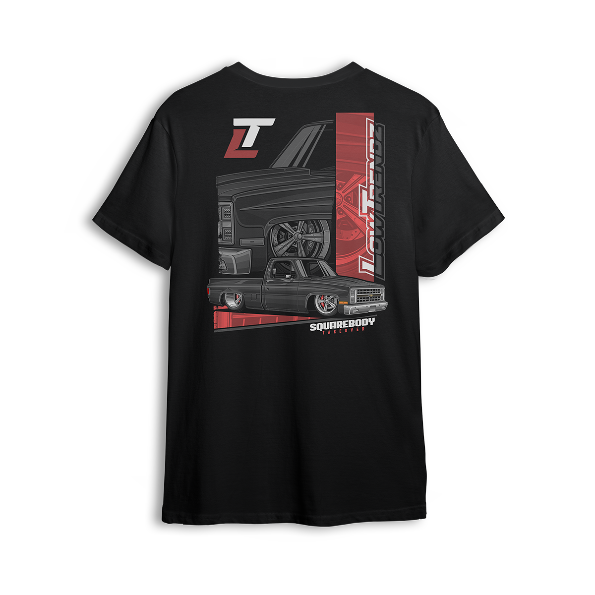 T-shirt featuring a black squarebody Chevy truck with deep-dish wheels, red accents, and a split-panel background. Layered Low Trendz branding and “Squarebody Takeover” text complete this bold tribute to squarebody dominance and custom truck attitude.