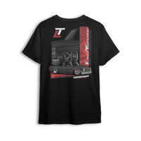 T-shirt featuring a black squarebody Chevy truck with deep-dish wheels, red accents, and a split-panel background. Layered Low Trendz branding and “Squarebody Takeover” text complete this bold tribute to squarebody dominance and custom truck attitude.