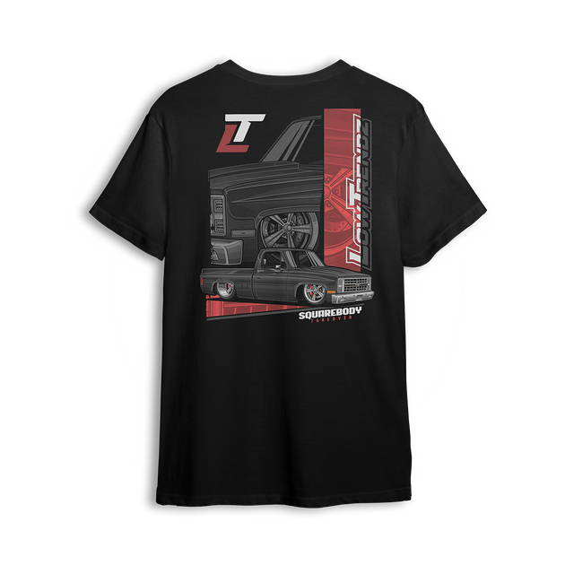 T-shirt featuring a black squarebody Chevy truck with deep-dish wheels, red accents, and a split-panel background. Layered Low Trendz branding and “Squarebody Takeover” text complete this bold tribute to squarebody dominance and custom truck attitude.