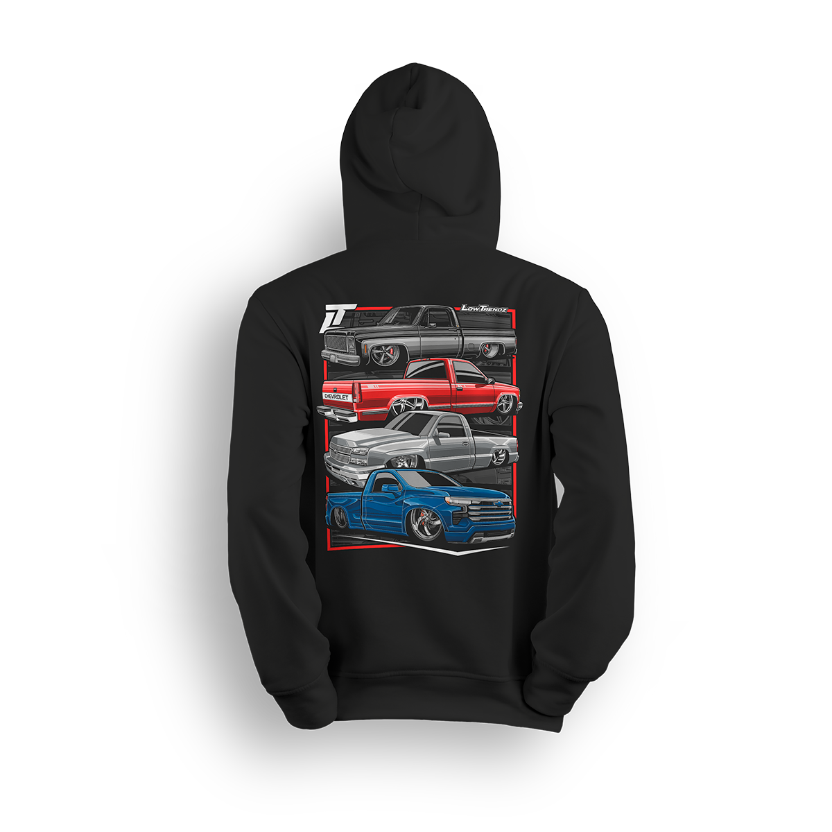 Hoodie featuring a stacked lineup of slammed Chevy single cabs from squarebody to OBS, cat eye to new gen. The Chevy Timeline hoodie highlights the evolution of custom truck style while celebrating the lasting strength of the scene.