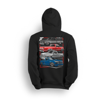 Hoodie featuring a stacked lineup of slammed Chevy single cabs from squarebody to OBS, cat eye to new gen. The Chevy Timeline hoodie highlights the evolution of custom truck style while celebrating the lasting strength of the scene.