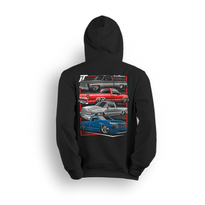 Hoodie featuring a stacked lineup of slammed Chevy single cabs from squarebody to OBS, cat eye to new gen. The Chevy Timeline hoodie highlights the evolution of custom truck style while celebrating the lasting strength of the scene.