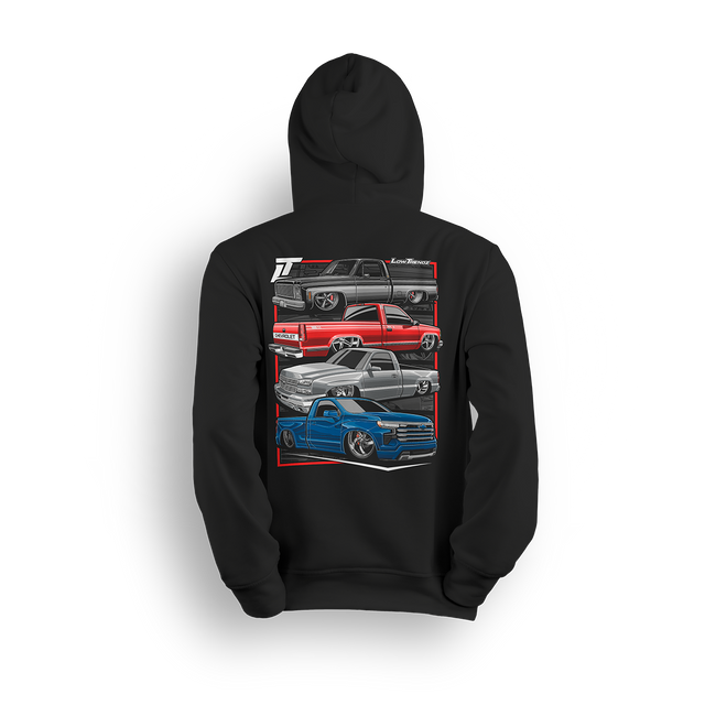 Hoodie featuring a stacked lineup of slammed Chevy single cabs from squarebody to OBS, cat eye to new gen. The Chevy Timeline hoodie highlights the evolution of custom truck style while celebrating the lasting strength of the scene.