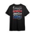 T-shirt featuring a stacked lineup of slammed Chevy single cabs from squarebody to OBS, cat eye to new gen. The Chevy Timeline t-shirt highlights the evolution of custom truck style while celebrating the lasting strength of the scene.