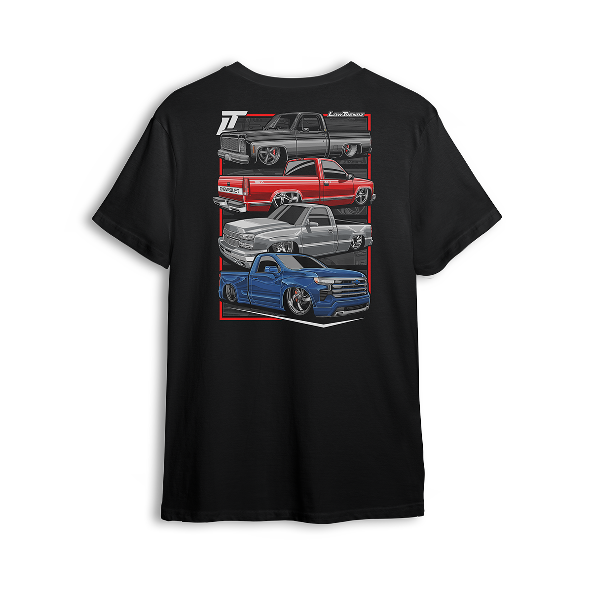 T-shirt featuring a stacked lineup of slammed Chevy single cabs from squarebody to OBS, cat eye to new gen. The Chevy Timeline t-shirt highlights the evolution of custom truck style while celebrating the lasting strength of the scene.