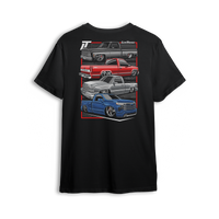 T-shirt featuring a stacked lineup of slammed Chevy single cabs from squarebody to OBS, cat eye to new gen. The Chevy Timeline t-shirt highlights the evolution of custom truck style while celebrating the lasting strength of the scene.