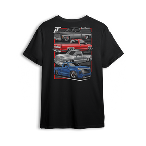 T-shirt featuring a stacked lineup of slammed Chevy single cabs from squarebody to OBS, cat eye to new gen. The Chevy Timeline t-shirt highlights the evolution of custom truck style while celebrating the lasting strength of the scene.