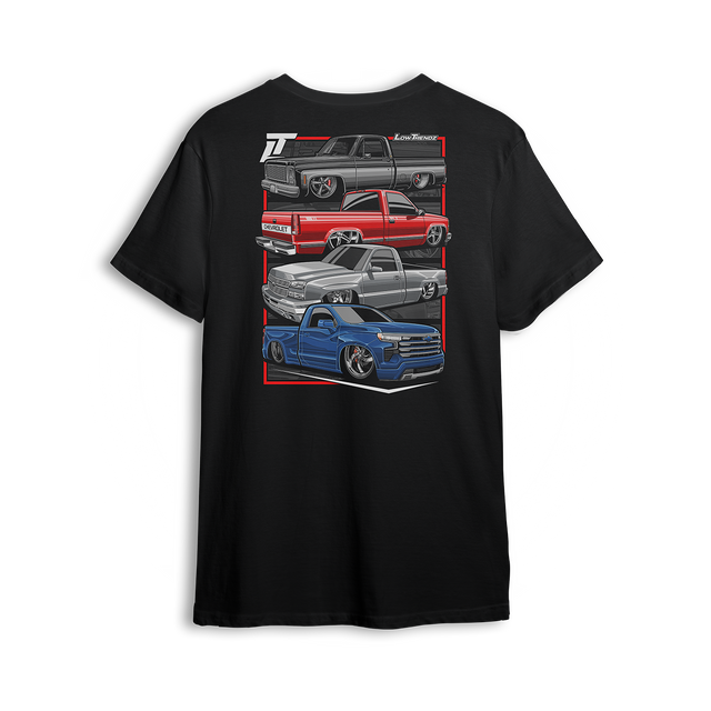 T-shirt featuring a stacked lineup of slammed Chevy single cabs from squarebody to OBS, cat eye to new gen. The Chevy Timeline t-shirt highlights the evolution of custom truck style while celebrating the lasting strength of the scene.