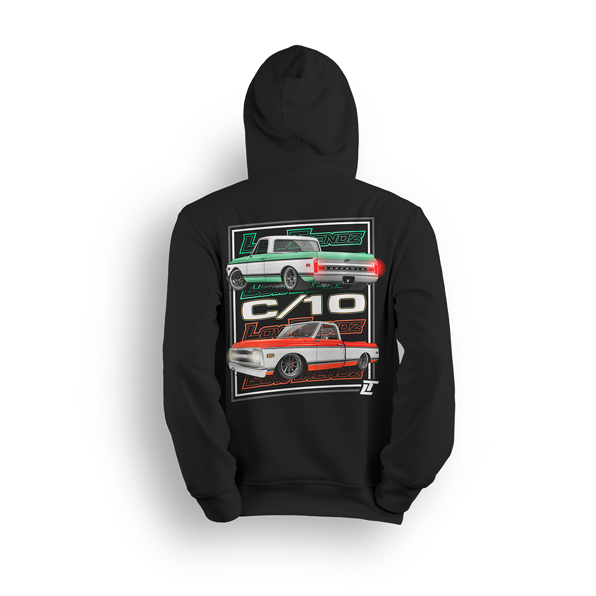 Hoodie featuring two slammed Chevy C10s in side and rear views with clean two-tone color schemes, aggressive stance, and bold Low Trendz logos. The Double Drip hoodie blends retro style and modern presence for true C10 fans.