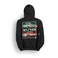 Hoodie featuring two slammed Chevy C10s in side and rear views with clean two-tone color schemes, aggressive stance, and bold Low Trendz logos. The Double Drip hoodie blends retro style and modern presence for true C10 fans.