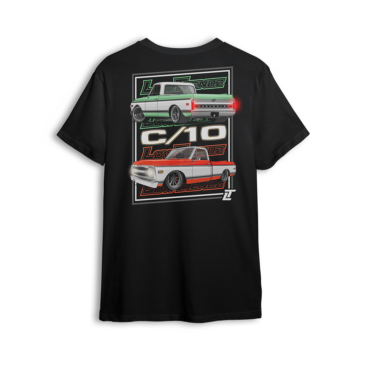 T-shirt featuring two slammed Chevy C10s in side and rear views with clean two-tone color schemes, aggressive stance, and bold Low Trendz logos. The Double Drip t-shirt blends retro style and modern presence for true C10 fans.