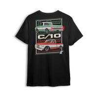 T-shirt featuring two slammed Chevy C10s in side and rear views with clean two-tone color schemes, aggressive stance, and bold Low Trendz logos. The Double Drip t-shirt blends retro style and modern presence for true C10 fans.