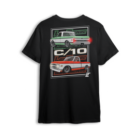 T-shirt featuring two slammed Chevy C10s in side and rear views with clean two-tone color schemes, aggressive stance, and bold Low Trendz logos. The Double Drip t-shirt blends retro style and modern presence for true C10 fans.
