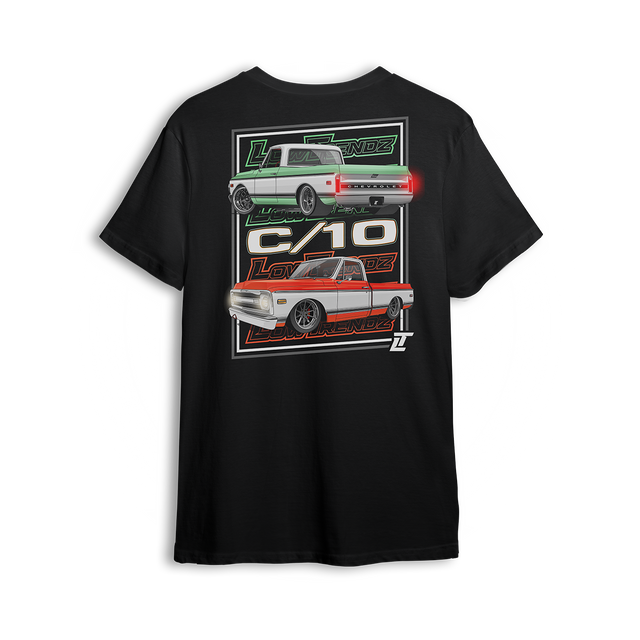 T-shirt featuring two slammed Chevy C10s in side and rear views with clean two-tone color schemes, aggressive stance, and bold Low Trendz logos. The Double Drip t-shirt blends retro style and modern presence for true C10 fans.