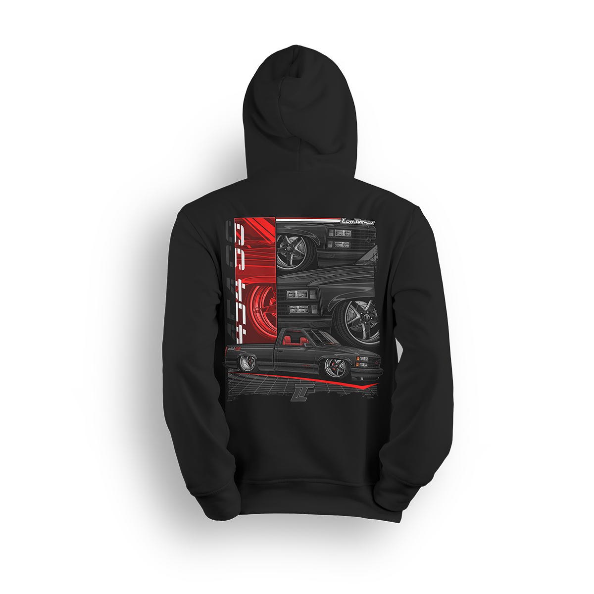 Hoodie featuring a slammed OBS 454 SS Chevy shortbed with red interior, deep lip wheels, and aggressive stance. Close-up front end views and bold styling make the 454 SS Legacy hoodie a tribute to a true street classic.