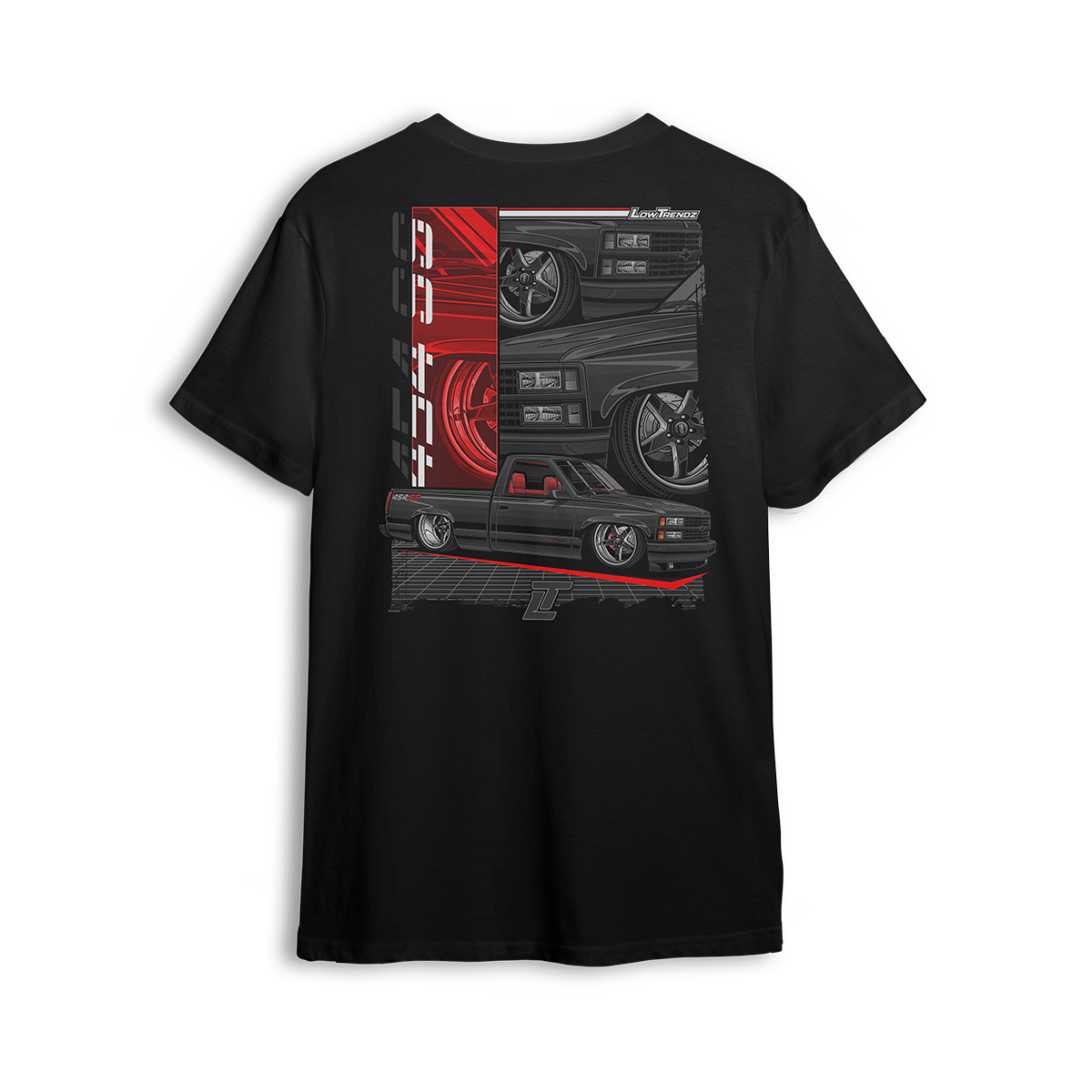 T-shirt featuring a slammed OBS 454 SS Chevy shortbed with red interior, deep lip wheels, and aggressive stance. Close-up front end views and bold styling make the 454 SS Legacy t-shirt a tribute to a true street classic.