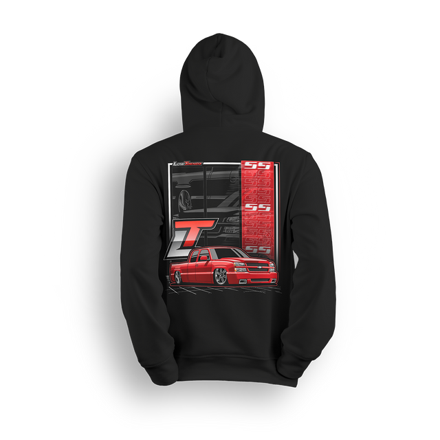 Hoodie featuring a slammed red cat eye Chevy Silverado in SS style with deep dish wheels, aggressive stance, and a stacked SS pattern down the side. The Red SS hoodie includes an oversized LT logo and bold design made for street-driven truck fans.