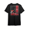 T-shirt featuring a slammed red cat eye Chevy Silverado in SS style with deep dish wheels, aggressive stance, and a stacked SS pattern down the side. The Red SS t-shirt includes an oversized LT logo and bold design made for street-driven truck fans.