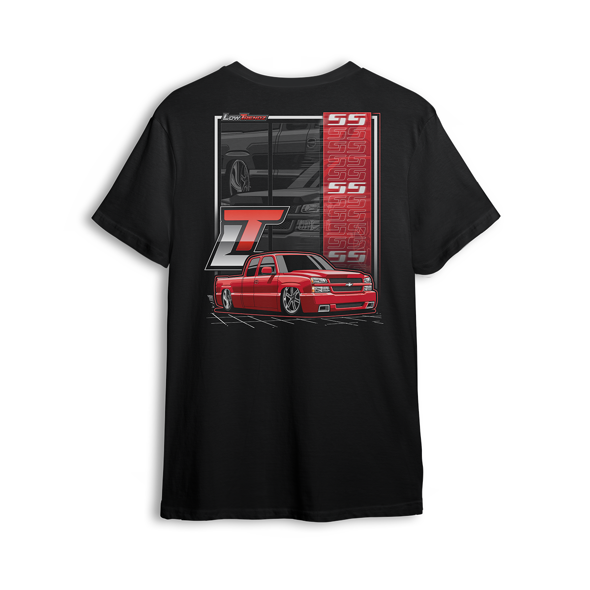 T-shirt featuring a slammed red cat eye Chevy Silverado in SS style with deep dish wheels, aggressive stance, and a stacked SS pattern down the side. The Red SS t-shirt includes an oversized LT logo and bold design made for street-driven truck fans.