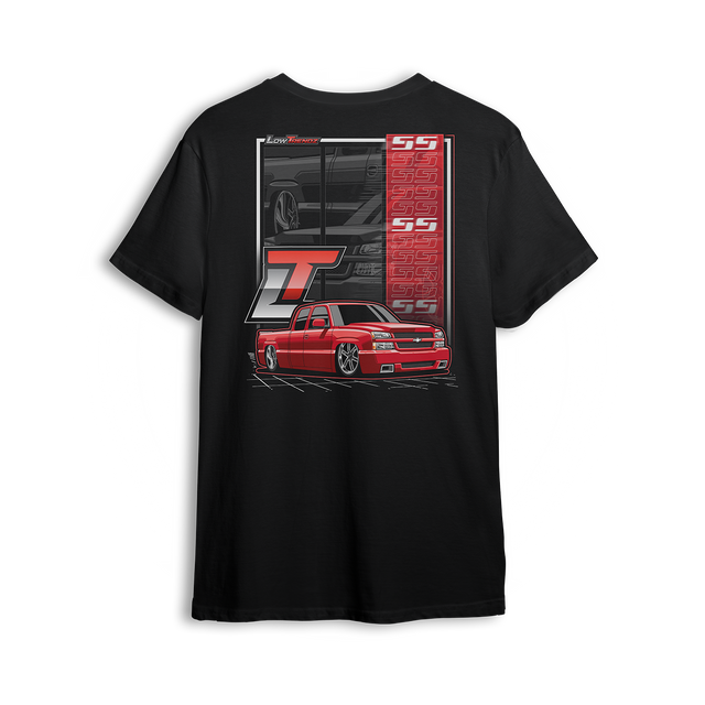 T-shirt featuring a slammed red cat eye Chevy Silverado in SS style with deep dish wheels, aggressive stance, and a stacked SS pattern down the side. The Red SS t-shirt includes an oversized LT logo and bold design made for street-driven truck fans.