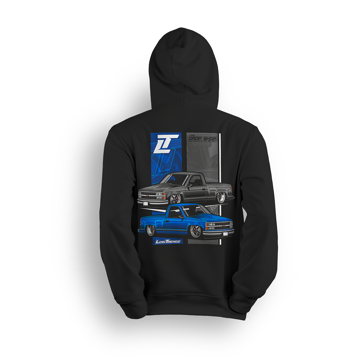 Hoodie featuring a black and blue OBS stepside Chevy with crisp detailing and a slammed stance. The Drop Shop x Low Trendz collab hoodie pays tribute to iconic truck style and roots of the custom scene.