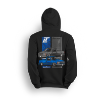 Hoodie featuring a black and blue OBS stepside Chevy with crisp detailing and a slammed stance. The Drop Shop x Low Trendz collab hoodie pays tribute to iconic truck style and roots of the custom scene.