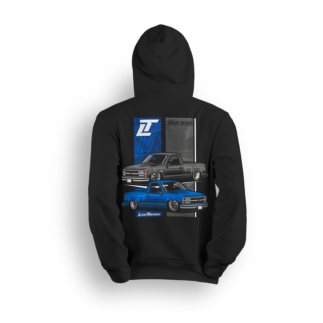 Hoodie featuring a black and blue OBS stepside Chevy with crisp detailing and a slammed stance. The Drop Shop x Low Trendz collab hoodie pays tribute to iconic truck style and roots of the custom scene.