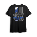 T-shirt featuring a black and blue OBS stepside Chevy with crisp detailing and a slammed stance. The Drop Shop x Low Trendz collab t-shirt pays tribute to iconic truck style and roots of the custom scene.

