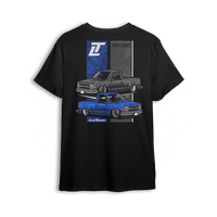 T-shirt featuring a black and blue OBS stepside Chevy with crisp detailing and a slammed stance. The Drop Shop x Low Trendz collab t-shirt pays tribute to iconic truck style and roots of the custom scene.


