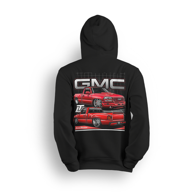 Hoodie featuring a slammed red GMC Sierra stepside shown from front and rear angles, with oversized GMC branding and a grid-style background. The Stepside Heat hoodie blends classic truck lines with clean, modern design for true GMC fans.