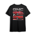 T-shirt featuring a slammed red GMC Sierra stepside shown from front and rear angles, with oversized GMC branding and a grid-style background. The Stepside Heat t-shirt blends classic truck lines with clean, modern design for true GMC fans.