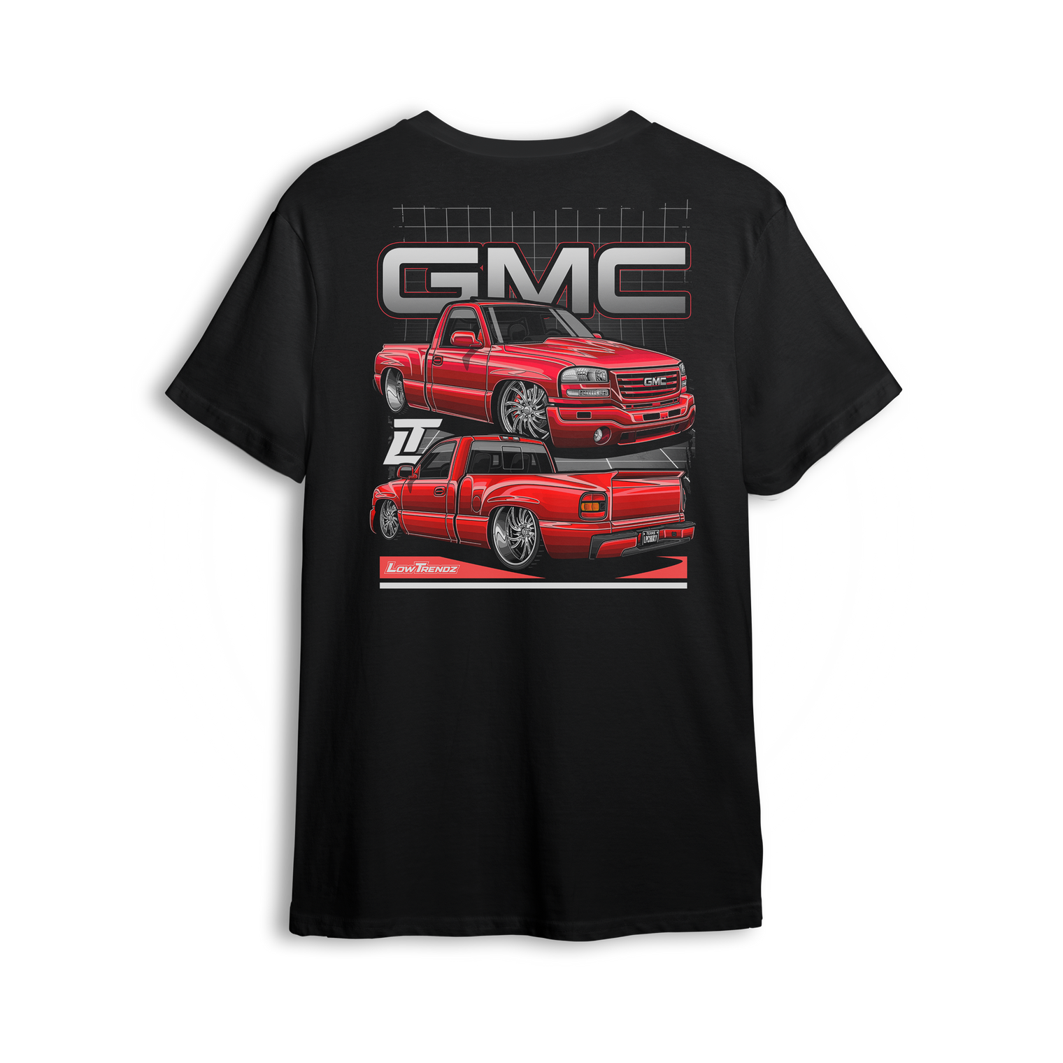 T-shirt featuring a slammed red GMC Sierra stepside shown from front and rear angles, with oversized GMC branding and a grid-style background. The Stepside Heat t-shirt blends classic truck lines with clean, modern design for true GMC fans.