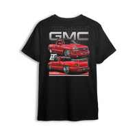 T-shirt featuring a slammed red GMC Sierra stepside shown from front and rear angles, with oversized GMC branding and a grid-style background. The Stepside Heat t-shirt blends classic truck lines with clean, modern design for true GMC fans.