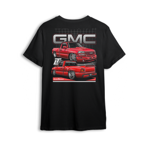 T-shirt featuring a slammed red GMC Sierra stepside shown from front and rear angles, with oversized GMC branding and a grid-style background. The Stepside Heat t-shirt blends classic truck lines with clean, modern design for true GMC fans.
