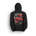 Hoodie featuring a slammed red SVT Lightning with drag pack setup, shown from front, side, and rear views in a collage-style layout. The Red SVT hoodie is a tribute to street and strip performance with bold stance and raw power.
