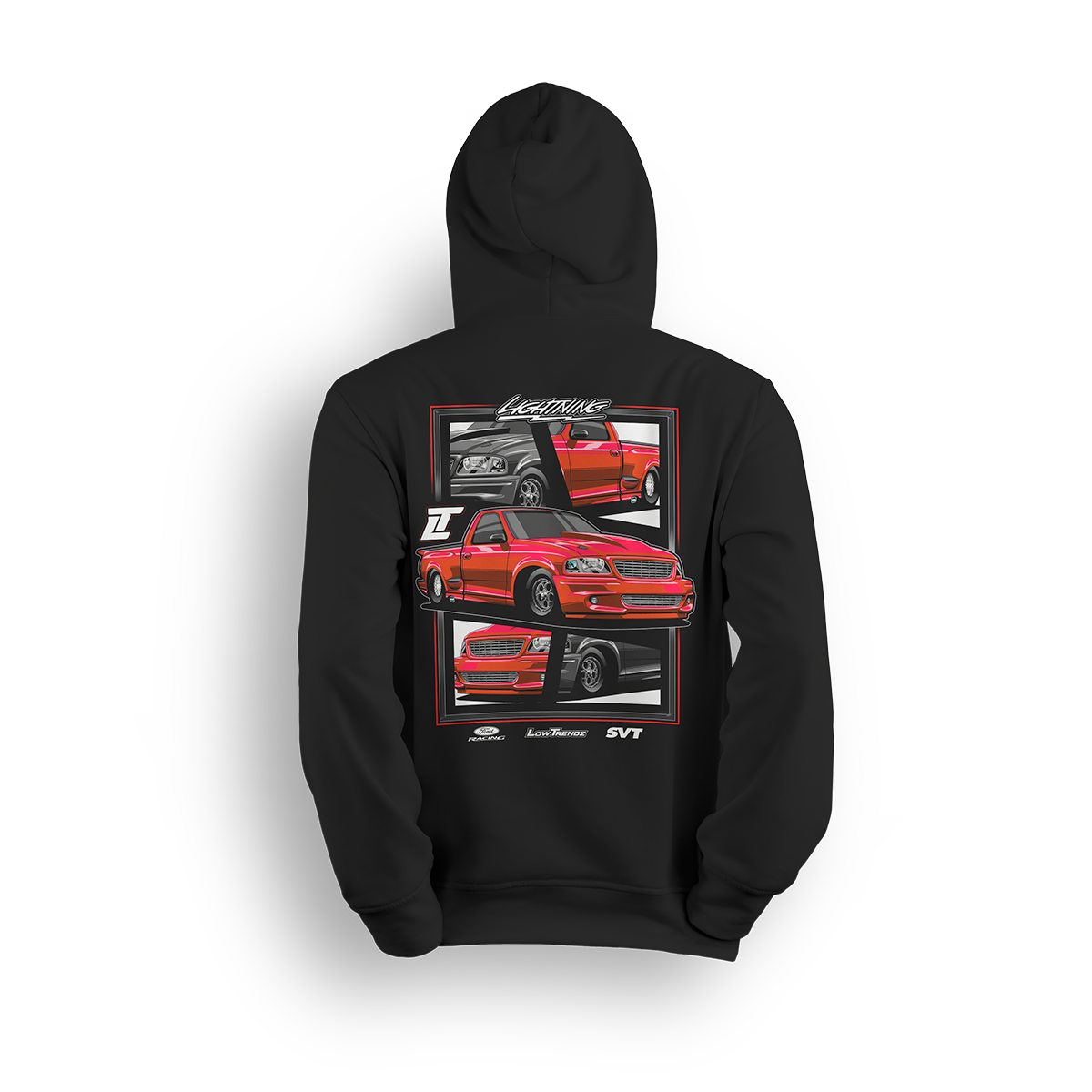 Hoodie featuring a slammed red SVT Lightning with drag pack setup, shown from front, side, and rear views in a collage-style layout. The Red SVT hoodie is a tribute to street and strip performance with bold stance and raw power.