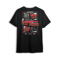 T-shirt featuring a slammed red SVT Lightning with drag pack setup, shown from front, side, and rear views in a collage-style layout. The Red SVT t-shirt is a tribute to street and strip performance with bold stance and raw power.

