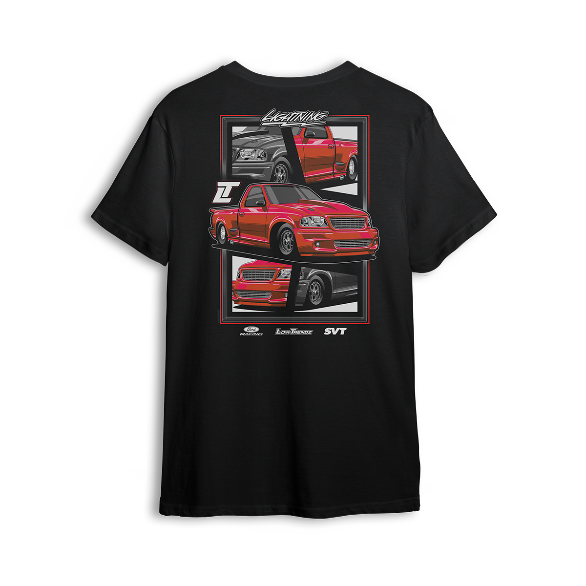 T-shirt featuring a slammed red SVT Lightning with drag pack setup, shown from front, side, and rear views in a collage-style layout. The Red SVT t-shirt is a tribute to street and strip performance with bold stance and raw power.

