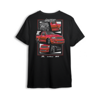 T-shirt featuring a slammed red SVT Lightning with drag pack setup, shown from front, side, and rear views in a collage-style layout. The Red SVT t-shirt is a tribute to street and strip performance with bold stance and raw power.

