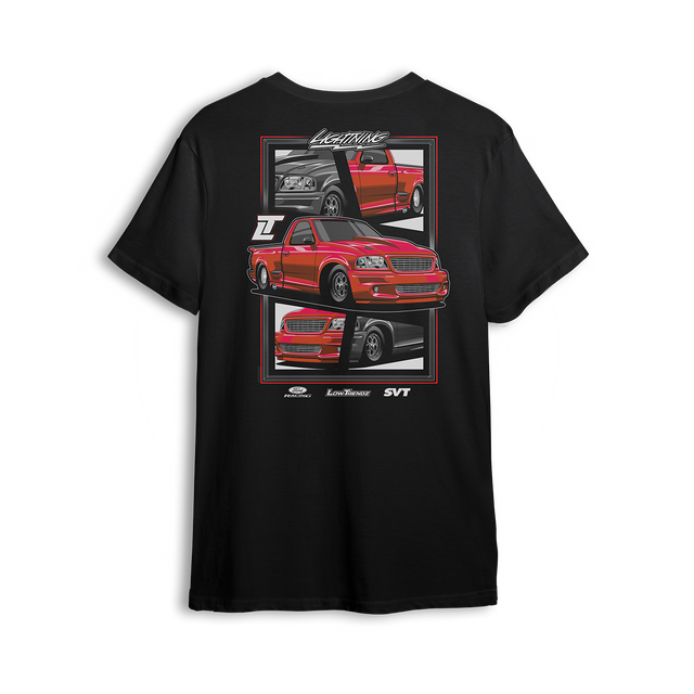 T-shirt featuring a slammed red SVT Lightning with drag pack setup, shown from front, side, and rear views in a collage-style layout. The Red SVT t-shirt is a tribute to street and strip performance with bold stance and raw power.

