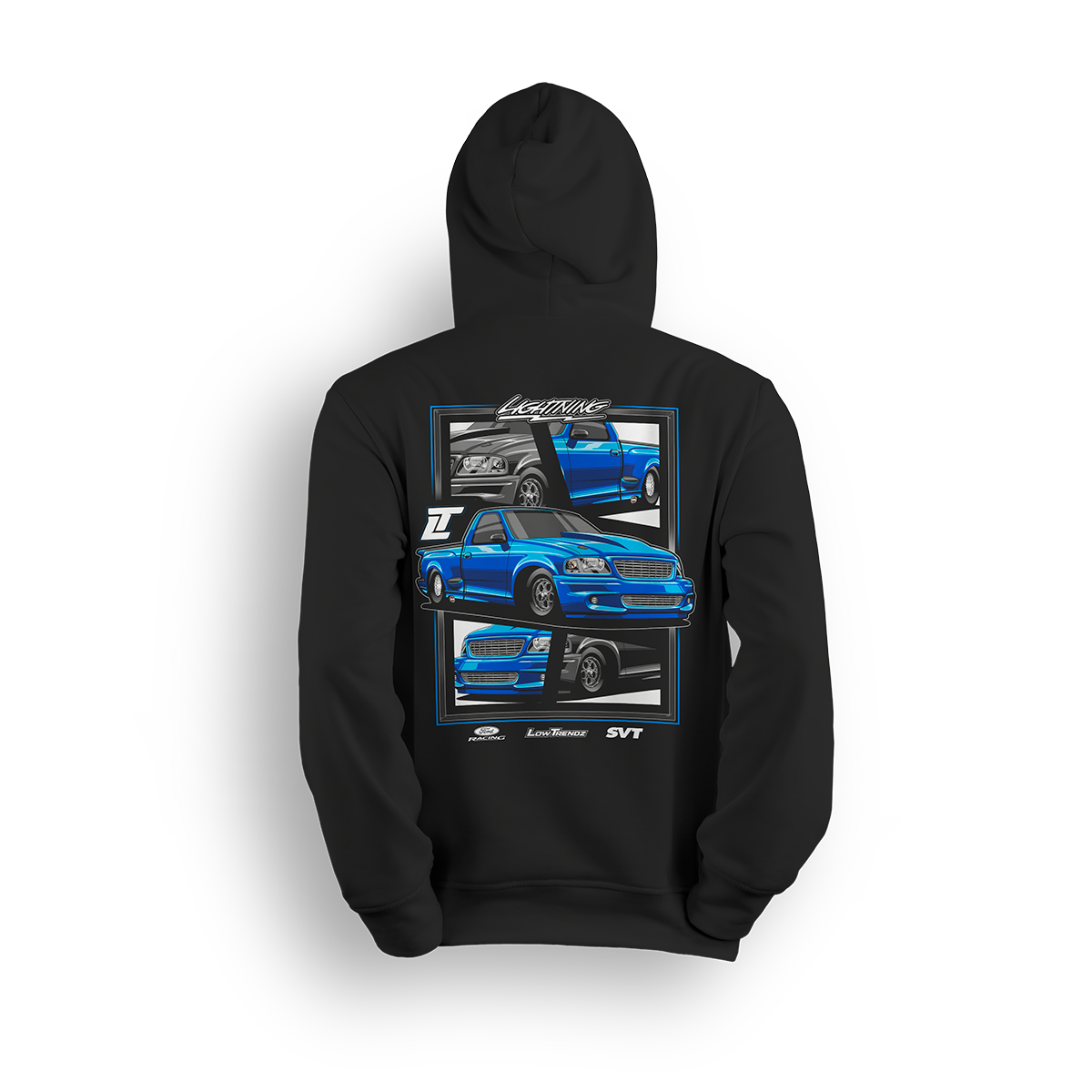 Hoodie featuring a slammed blue SVT Lightning with a drag pack setup, shown from front, side, and rear angles in a collage-style layout. The Blue SVT hoodie honors street and strip power with bold stance and show-ready detail.