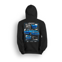 Hoodie featuring a slammed blue SVT Lightning with a drag pack setup, shown from front, side, and rear angles in a collage-style layout. The Blue SVT hoodie honors street and strip power with bold stance and show-ready detail.