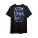 T-shirt featuring a slammed blue SVT Lightning with a drag pack setup, shown from front, side, and rear angles in a collage-style layout. The Blue SVT t-shirt honors street and strip power with bold stance and show-ready detail.