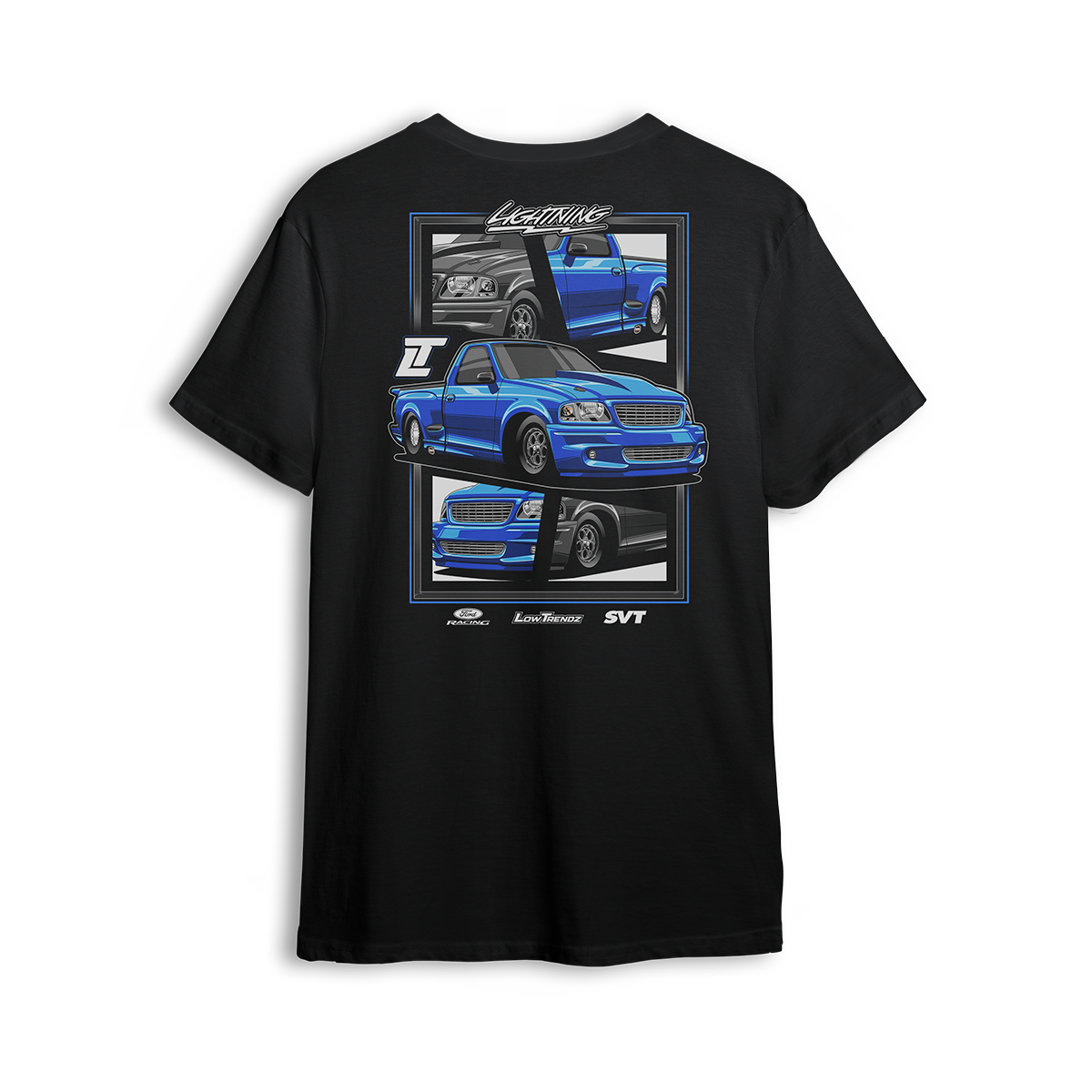 T-shirt featuring a slammed blue SVT Lightning with a drag pack setup, shown from front, side, and rear angles in a collage-style layout. The Blue SVT t-shirt honors street and strip power with bold stance and show-ready detail.
