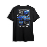 T-shirt featuring a slammed blue SVT Lightning with a drag pack setup, shown from front, side, and rear angles in a collage-style layout. The Blue SVT t-shirt honors street and strip power with bold stance and show-ready detail.