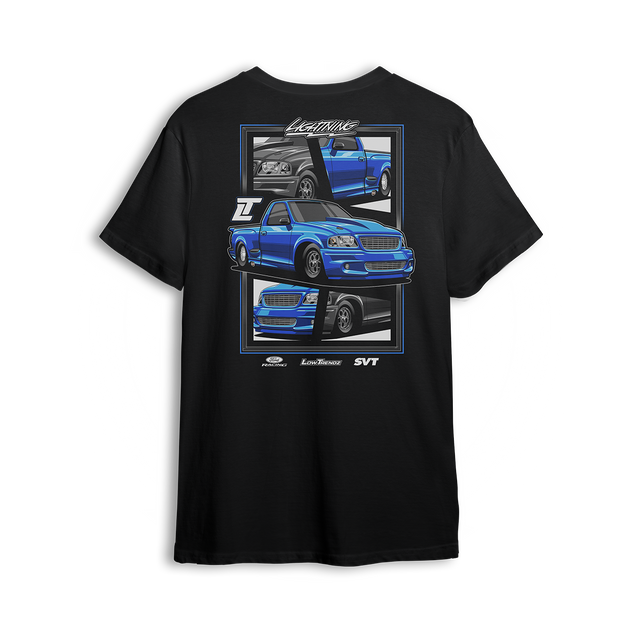 T-shirt featuring a slammed blue SVT Lightning with a drag pack setup, shown from front, side, and rear angles in a collage-style layout. The Blue SVT t-shirt honors street and strip power with bold stance and show-ready detail.