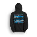 OBS Fever Hoodie featuring a vibrant blue slammed OBS single cab with polished wheels and a tucked stance. Dual-side views and bold OBS Fever text give this hoodie a loud, clean look made for die-hard OBS fans.