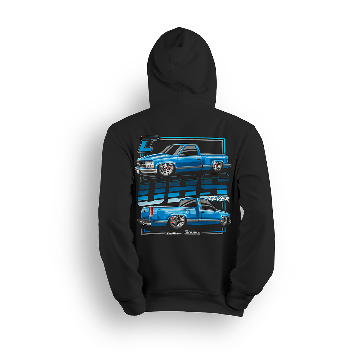 OBS Fever Hoodie featuring a vibrant blue slammed OBS single cab with polished wheels and a tucked stance. Dual-side views and bold OBS Fever text give this hoodie a loud, clean look made for die-hard OBS fans.