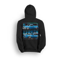 OBS Fever Hoodie featuring a vibrant blue slammed OBS single cab with polished wheels and a tucked stance. Dual-side views and bold OBS Fever text give this hoodie a loud, clean look made for die-hard OBS fans.