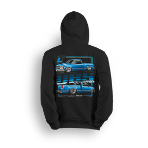 OBS Fever Hoodie featuring a vibrant blue slammed OBS single cab with polished wheels and a tucked stance. Dual-side views and bold OBS Fever text give this hoodie a loud, clean look made for die-hard OBS fans.